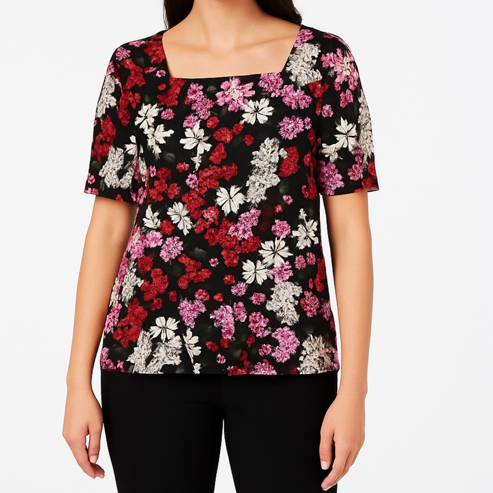 Ann‎ Taylor Black Floral Square Neck Short Sleeve Top Size S Career Feminine